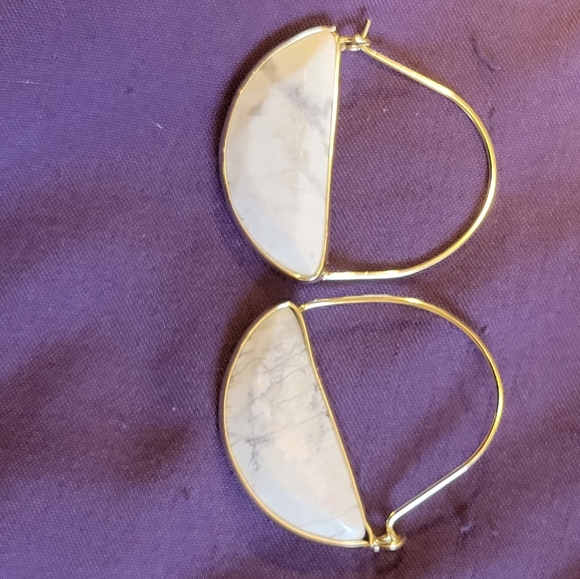 Gold & White Stone Hoop Style Earrings Hook and Eye Closure - Picture 5 of 5